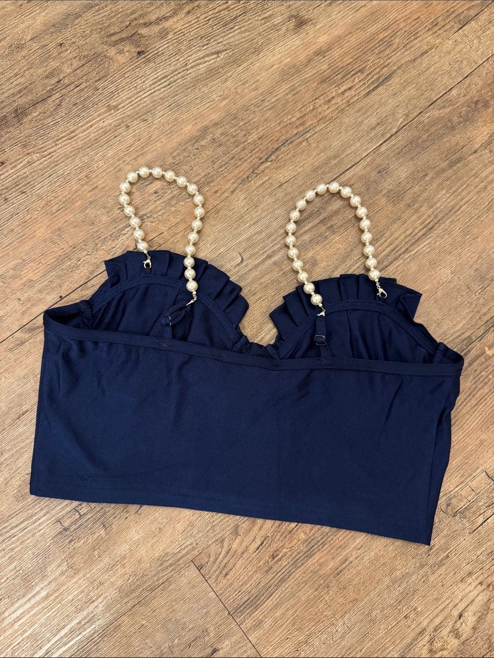 Cider Navy Pleated Crop Cami with Pearl Straps - Picture 3 of 3
